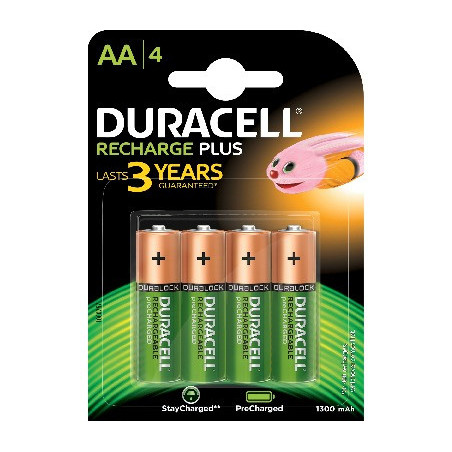 Pack blister de 4 piles rechargeables Duracell Recharge Plus AA 1,2V - 1300 mAh (R06)