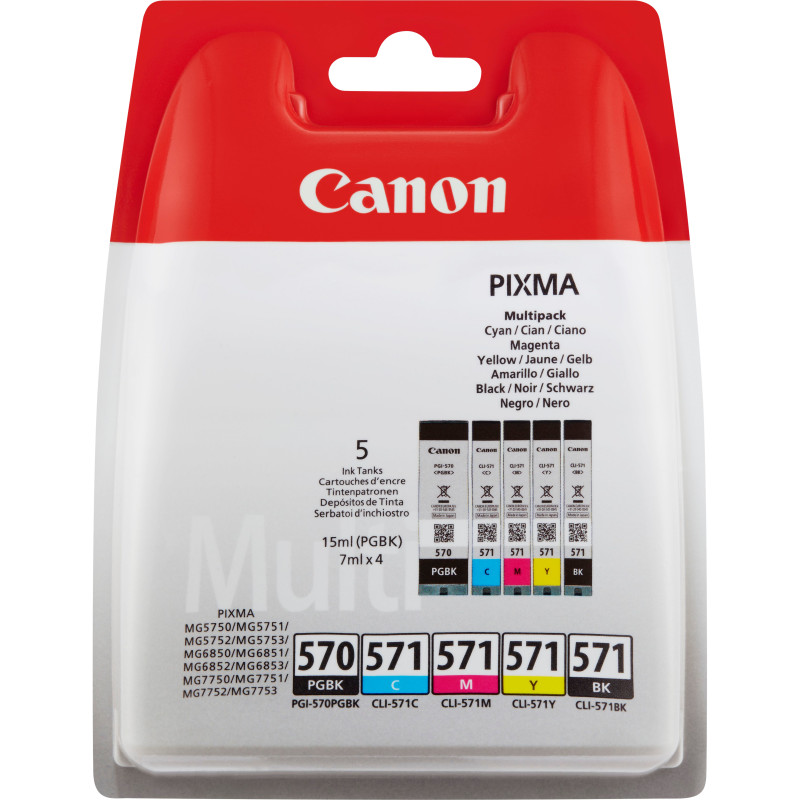 Pack 5 cartouches d'encre Canon  PG-570 CL-571 (Couleurs + Noir + Noir PGBK)