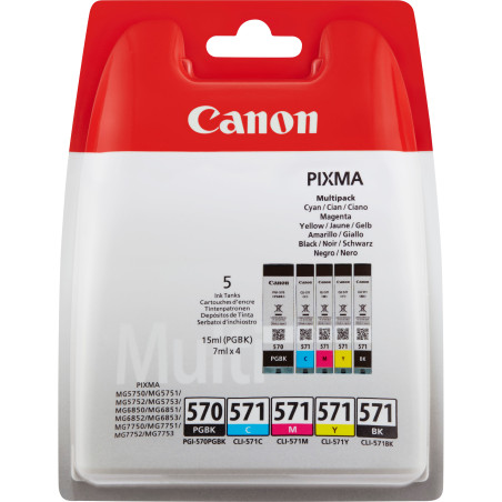 Pack 5 cartouches d'encre Canon  PG-570 CL-571 (Couleurs + Noir + Noir PGBK)